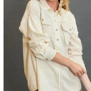 293.Linen Blend Half Button Down Top